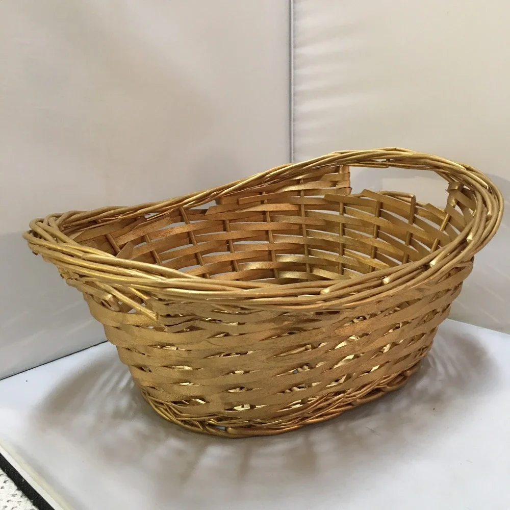 Woven Wicker Basket Home Decor OS Gold Metallic Oval Handled Storage Holiday